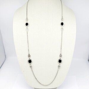 Vintage Sarah Coventry 36" TOUCH OF CLASS Necklace Silver Black Faceted Glass